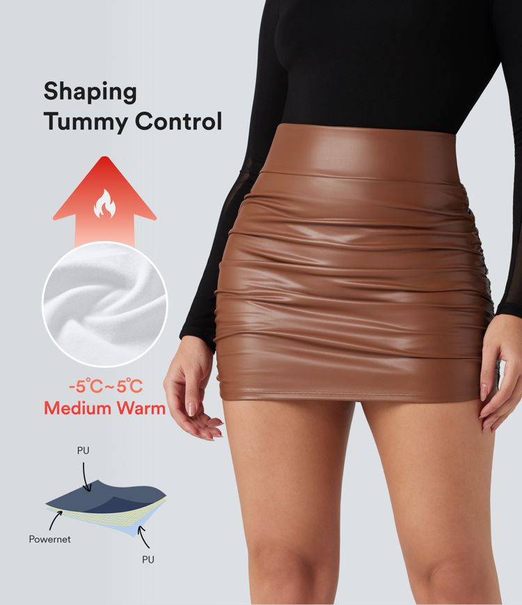 High Waisted Tummy Control Ruched Curved Hem 2-in-1 Fleece PU Mini Bodycon Skirt
