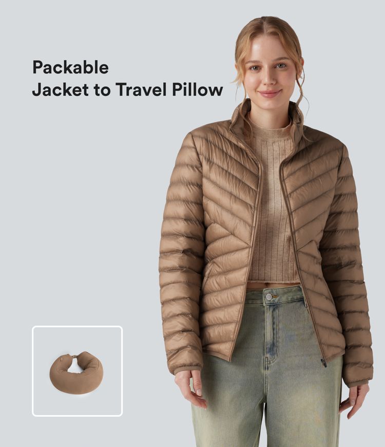 Veste matelassée décontractée compactable col montant à manches longues et zip avec poches