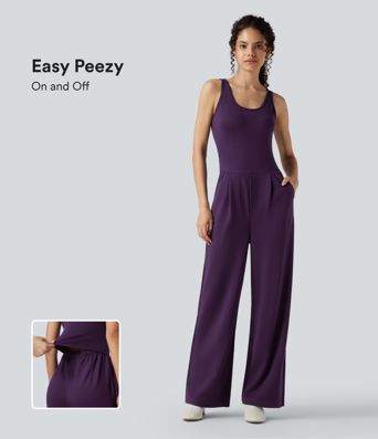 U Neck Wide Leg Work Jumpsuit with Pockets-Easy Peezy Edition
