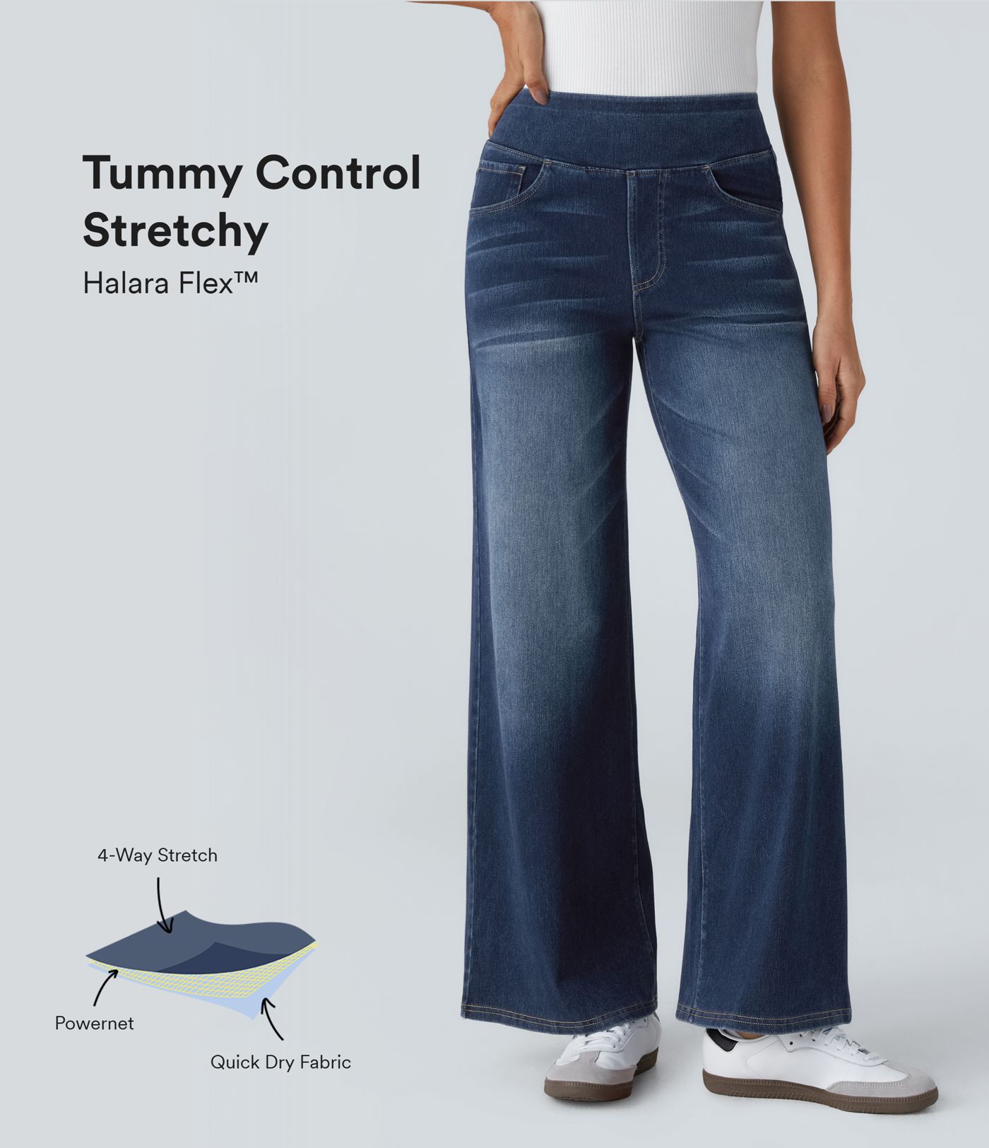 Halara Flex™ Baggy Jeans aus verwaschenem Stretch-Strick mit hohem Bund, mehreren Taschen und weitem Bein, Wide Leg Jeans