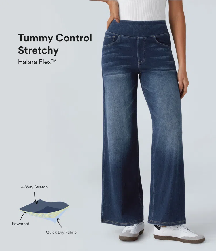 Halara Flex™ Baggy Jeans aus verwaschenem Stretch-Strick mit hohem Bund, mehreren Taschen und weitem Bein, Wide Leg Jeans