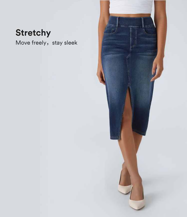 Halara Flex™ High Waisted Pockets Bodycon Washed Denim Casual Midi Skirt