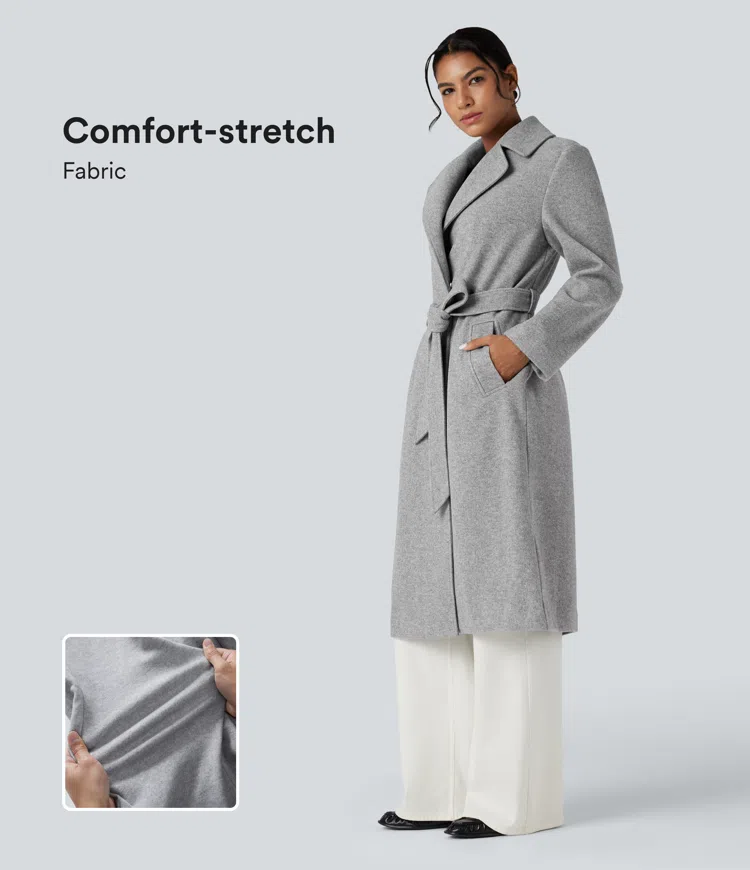 Long Sleeve Belted Longline Fleece Casual Coat with Pockets