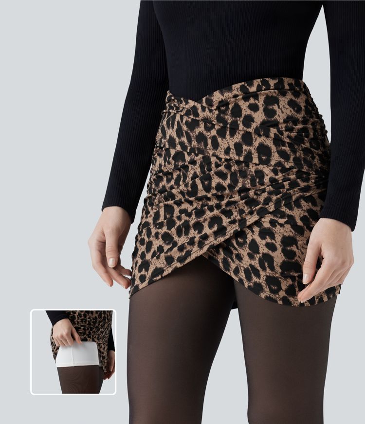Halara UltraSculpt™ Leopard Print Crossover High Waisted 2-in-1 Bodycon Mini Party Skirt