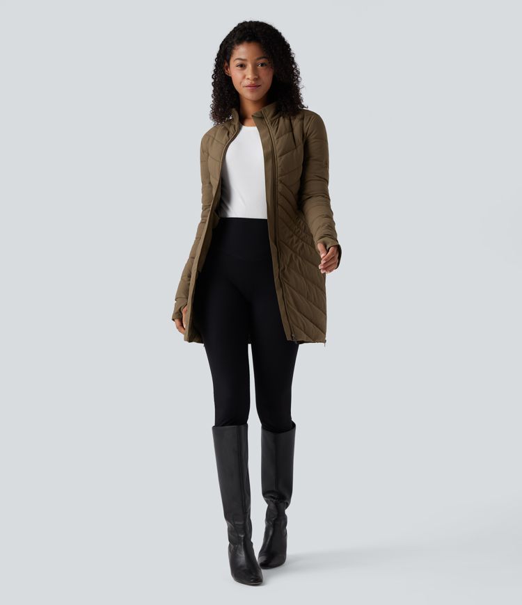 PuffFlex Stand Collar Long Sleeve Thumb Holes Zip Hem Stretchy Slim Casual Quilted Jacket with Pockets