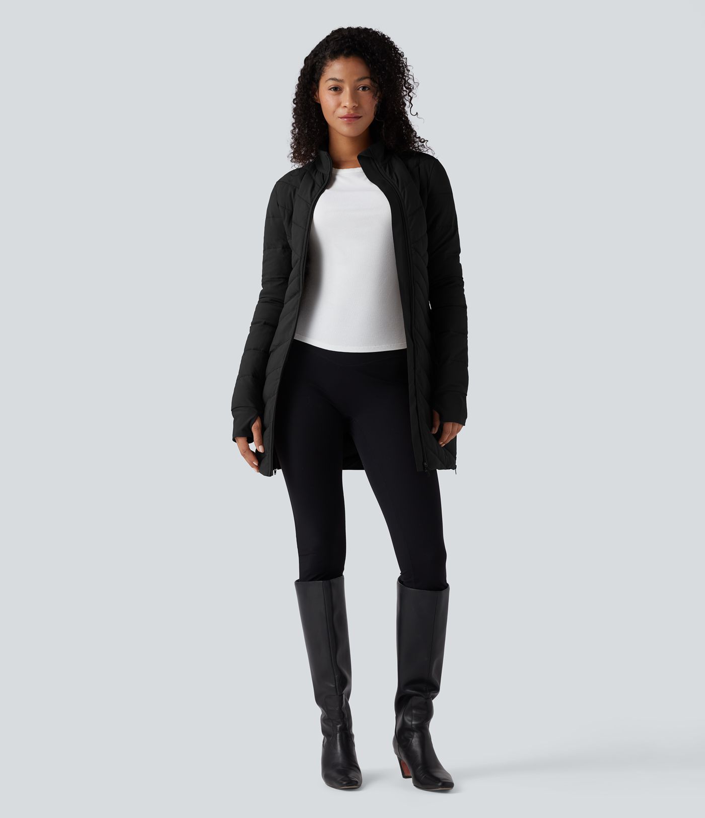 Stand Collar Long Sleeve Thumb Holes Zip Hem Stretchy Slim Casual Quilted Jacket with Pockets