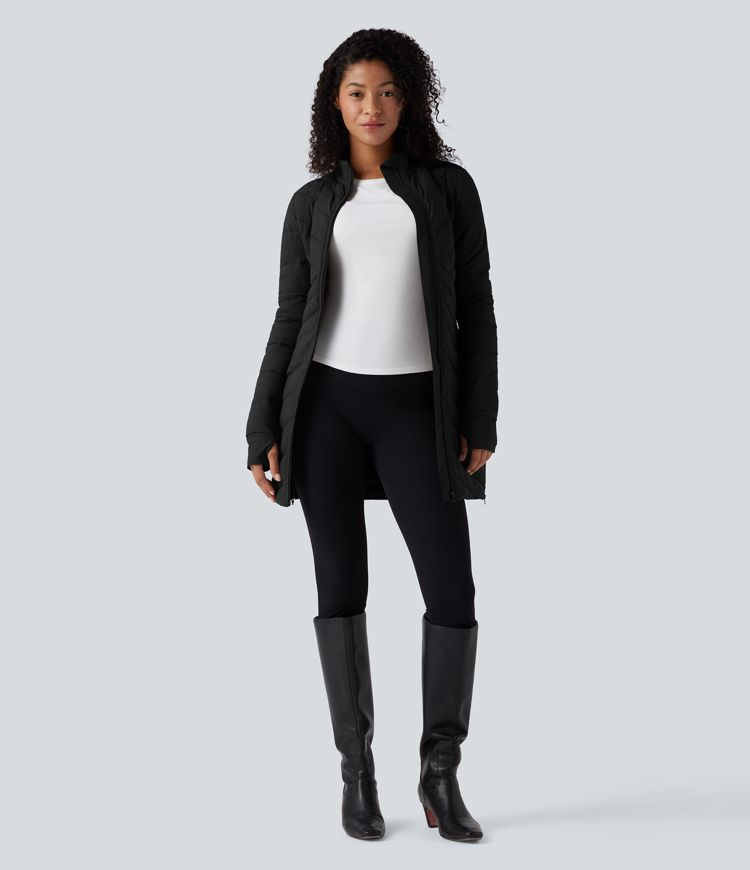 Veste matelassée décontractée ajustée extensible col montant à manches longues avec passants pouces, zips à l'ourlet et poches