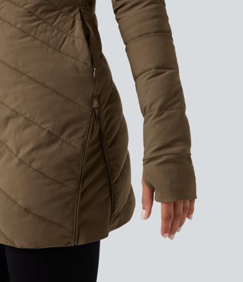 PuffFlex Stand Collar Long Sleeve Thumb Holes Zip Hem Stretchy Slim Casual Quilted Jacket with Pockets