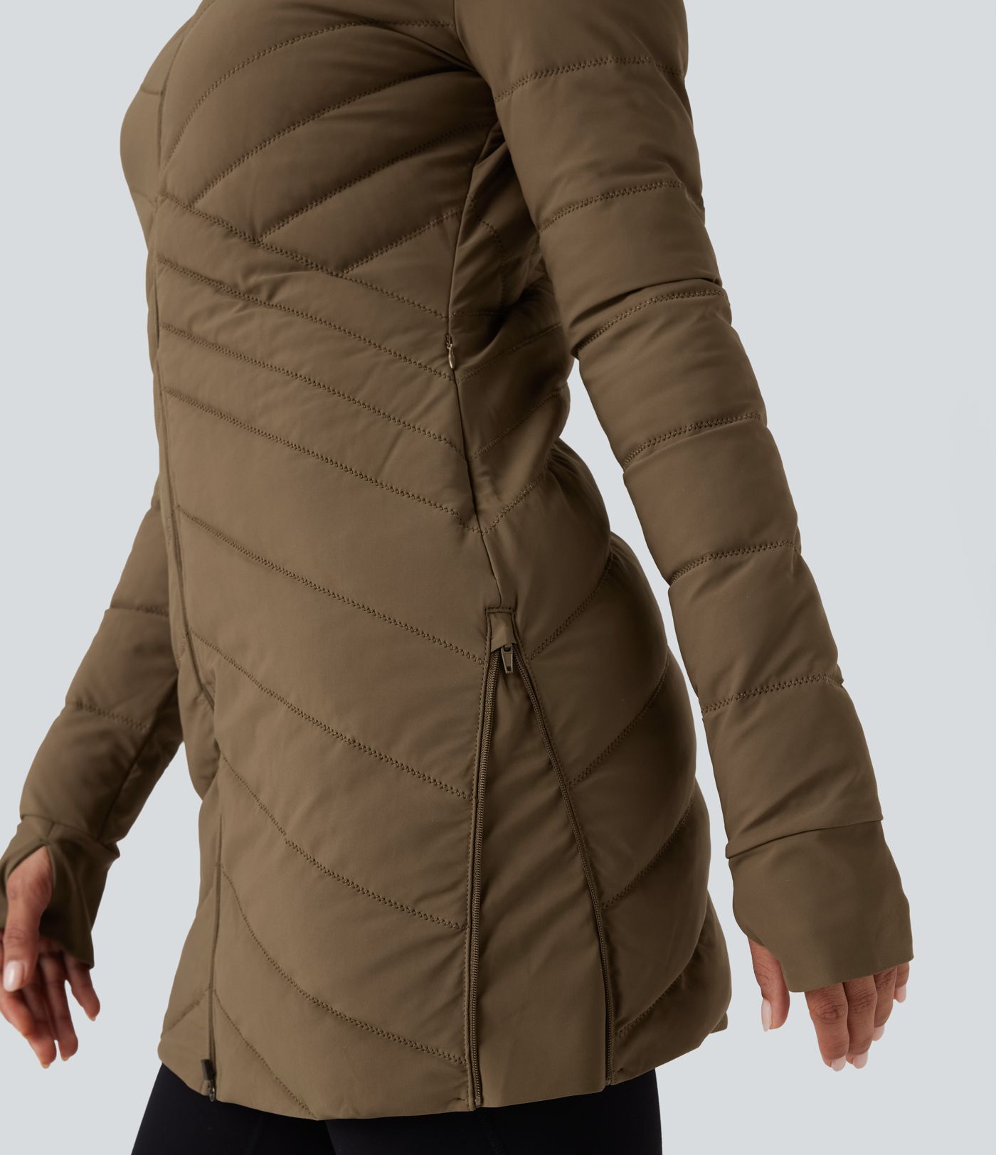 PuffFlex Stand Collar Long Sleeve Thumb Holes Zip Hem Stretchy Slim Casual Quilted Jacket with Pockets