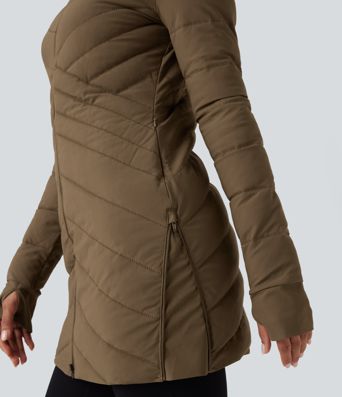 PuffFlex Stand Collar Long Sleeve Thumb Holes Zip Hem Stretchy Slim Casual Quilted Jacket with Pockets