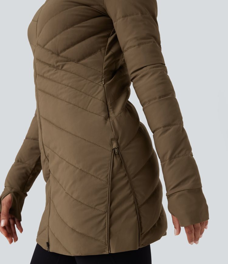 PuffFlex Stand Collar Long Sleeve Thumb Holes Zip Hem Stretchy Slim Casual Quilted Jacket with Pockets