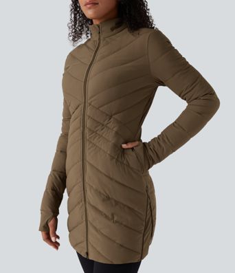 PuffFlex Stand Collar Long Sleeve Thumb Holes Zip Hem Stretchy Slim Casual Quilted Jacket with Pockets