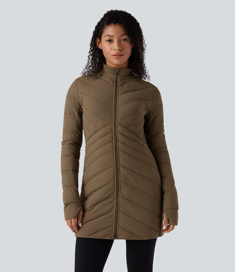 PuffFlex Stand Collar Long Sleeve Thumb Holes Zip Hem Stretchy Slim Casual Quilted Jacket with Pockets