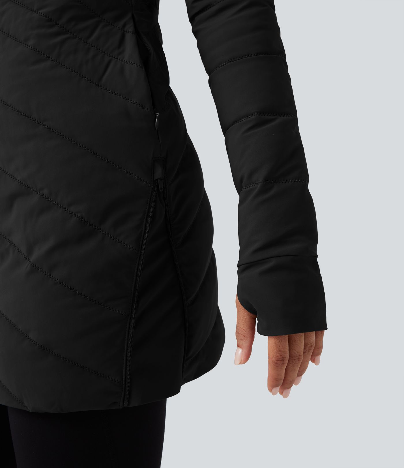 Stand Collar Long Sleeve Thumb Holes Zip Hem Stretchy Slim Casual Quilted Jacket with Pockets