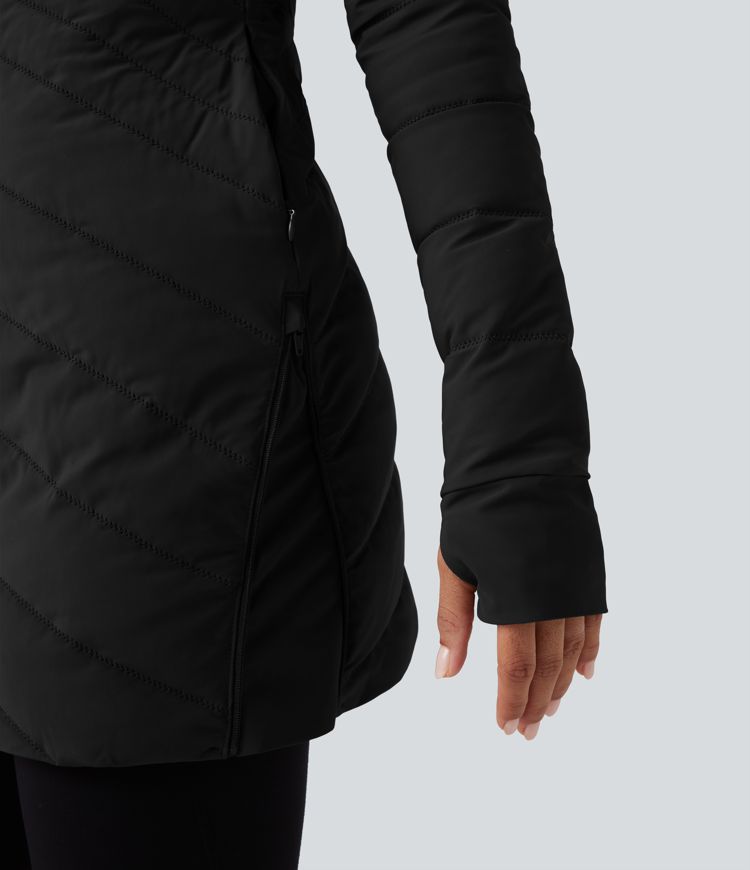 Veste matelassée décontractée ajustée extensible col montant à manches longues avec passants pouces, zips à l'ourlet et poches