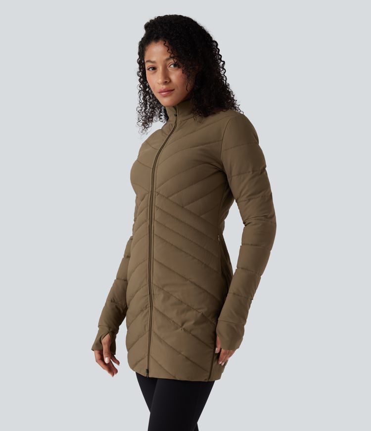 PuffFlex Stand Collar Long Sleeve Thumb Holes Zip Hem Stretchy Slim Casual Quilted Jacket with Pockets