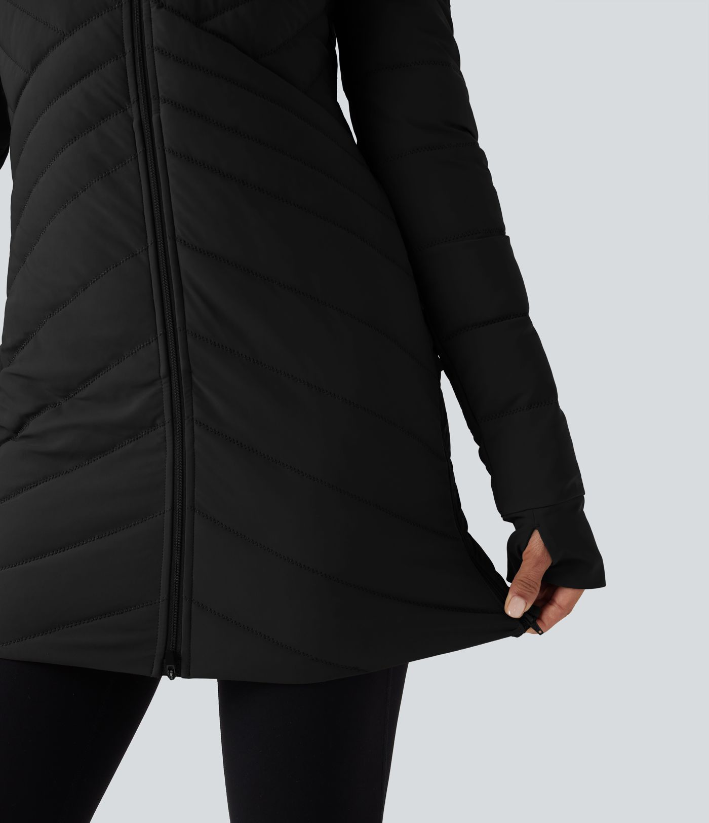 Stand Collar Long Sleeve Thumb Holes Zip Hem Stretchy Slim Casual Quilted Jacket with Pockets