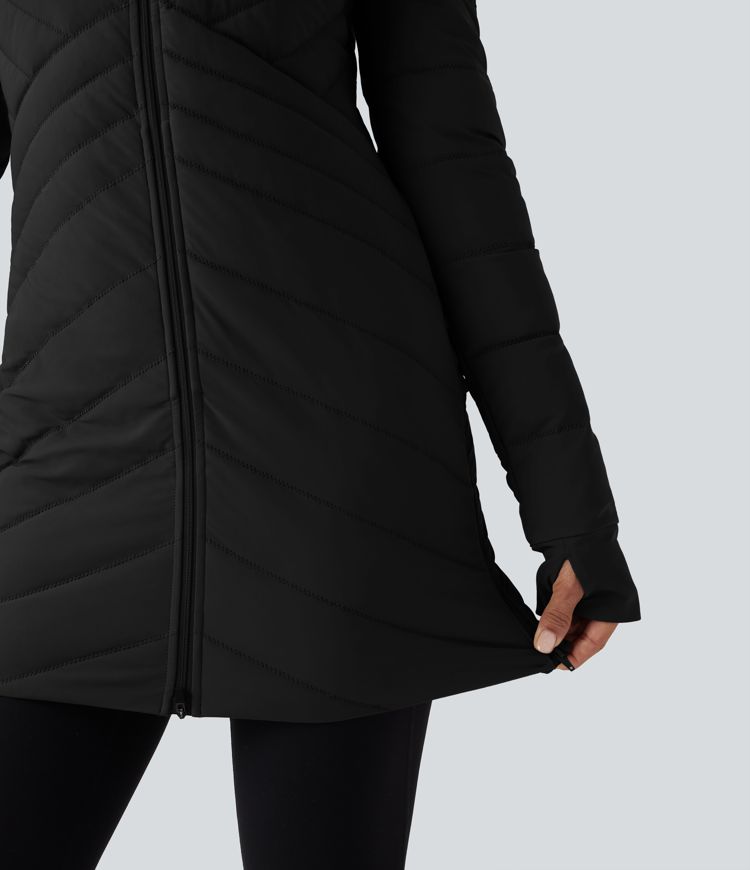 Veste matelassée décontractée ajustée extensible col montant à manches longues avec passants pouces, zips à l'ourlet et poches