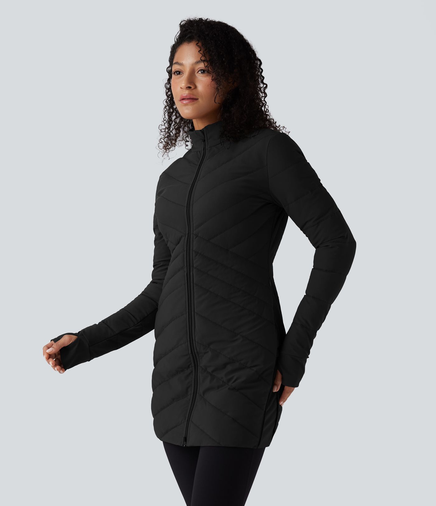 Stand Collar Long Sleeve Thumb Holes Zip Hem Stretchy Slim Casual Quilted Jacket with Pockets