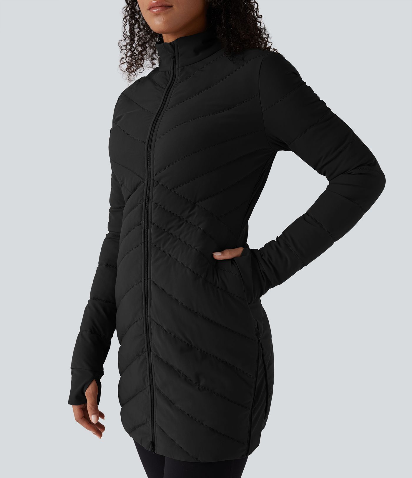 Stand Collar Long Sleeve Thumb Holes Zip Hem Stretchy Slim Casual Quilted Jacket with Pockets