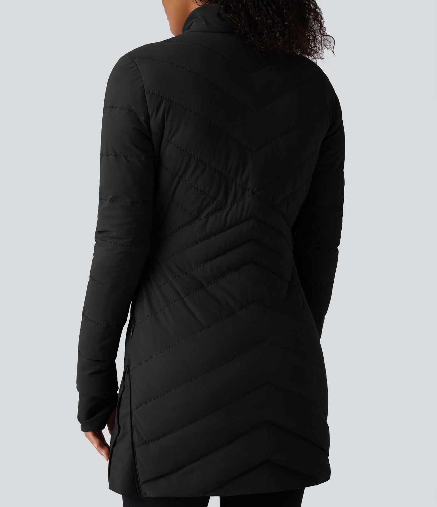 Stand Collar Long Sleeve Thumb Holes Zip Hem Stretchy Slim Casual Quilted Jacket with Pockets