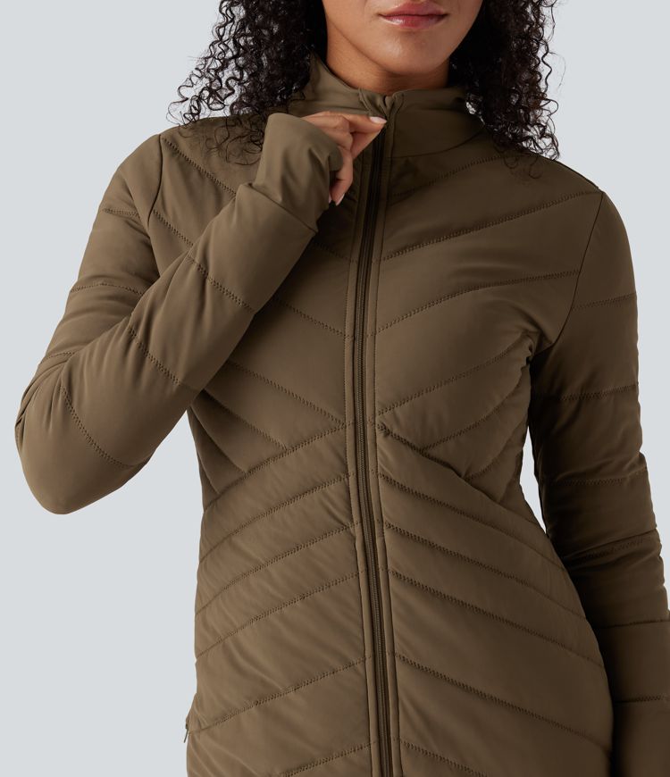 PuffFlex Stand Collar Long Sleeve Thumb Holes Zip Hem Stretchy Slim Casual Quilted Jacket with Pockets