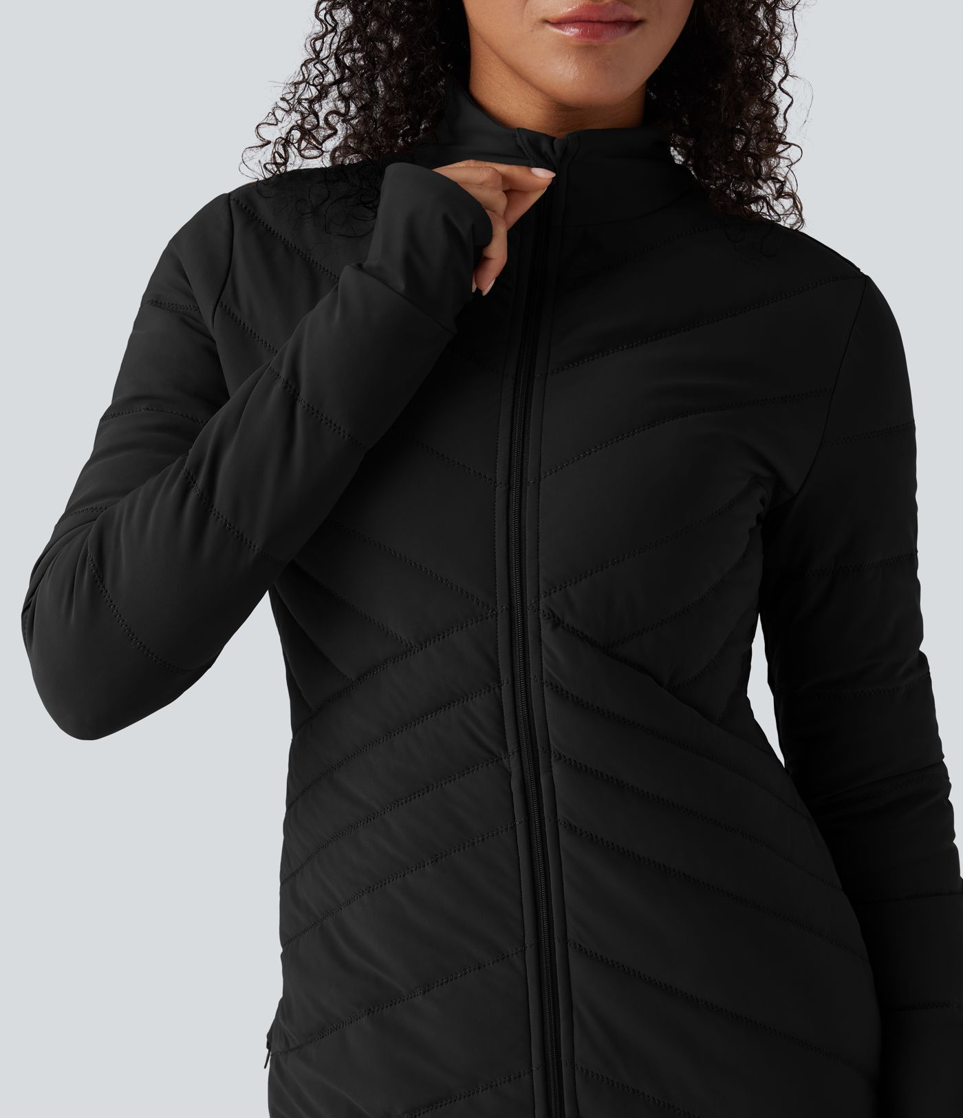 Stand Collar Long Sleeve Thumb Holes Zip Hem Stretchy Slim Casual Quilted Jacket with Pockets