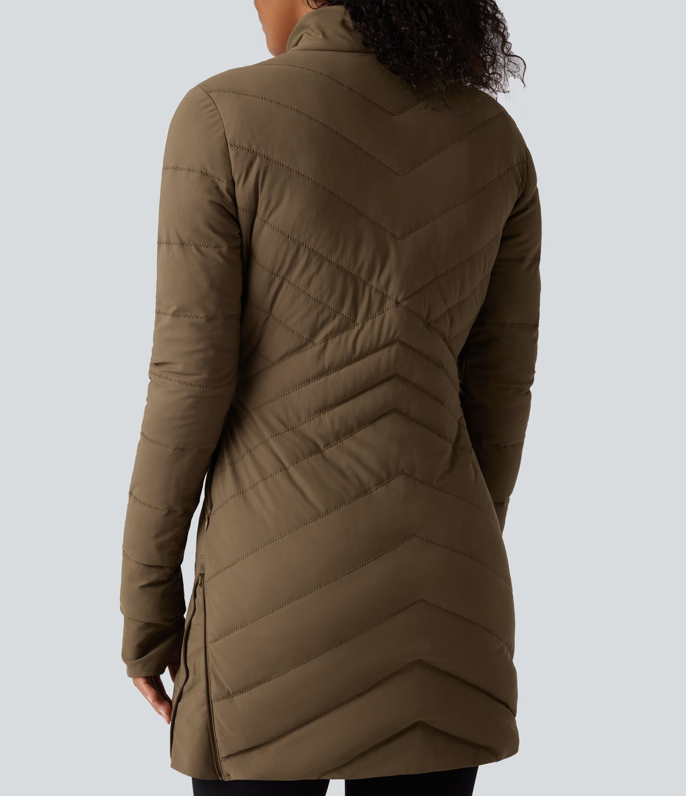 PuffFlex Stand Collar Long Sleeve Thumb Holes Zip Hem Stretchy Slim Casual Quilted Jacket with Pockets