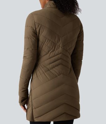 PuffFlex Stand Collar Long Sleeve Thumb Holes Zip Hem Stretchy Slim Casual Quilted Jacket with Pockets