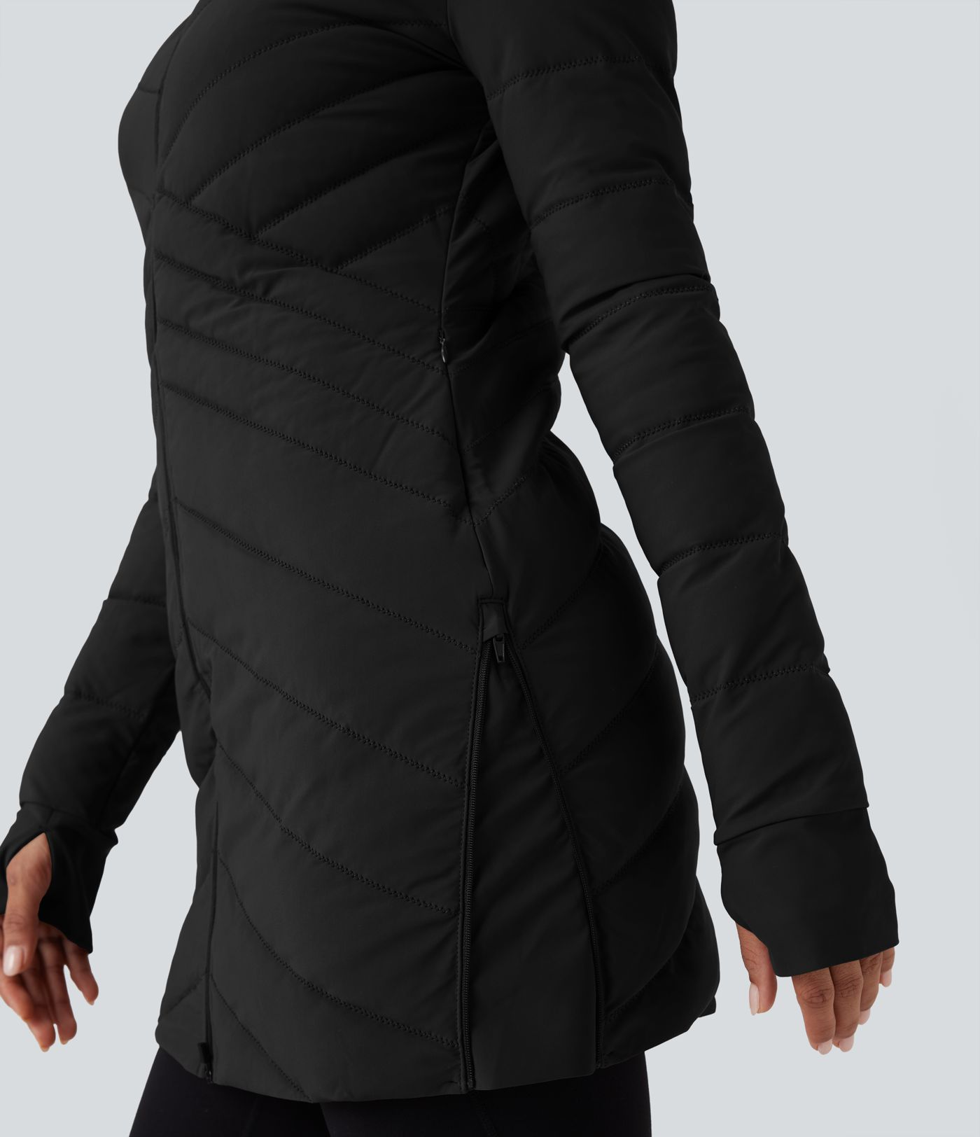 Stand Collar Long Sleeve Thumb Holes Zip Hem Stretchy Slim Casual Quilted Jacket with Pockets