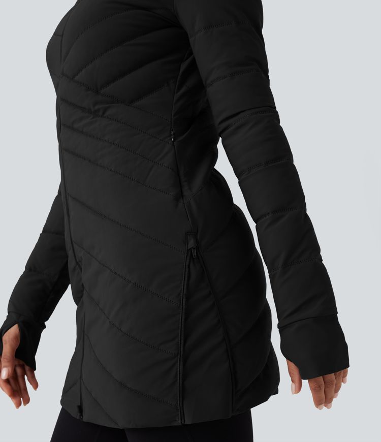 Veste matelassée décontractée ajustée extensible col montant à manches longues avec passants pouces, zips à l'ourlet et poches