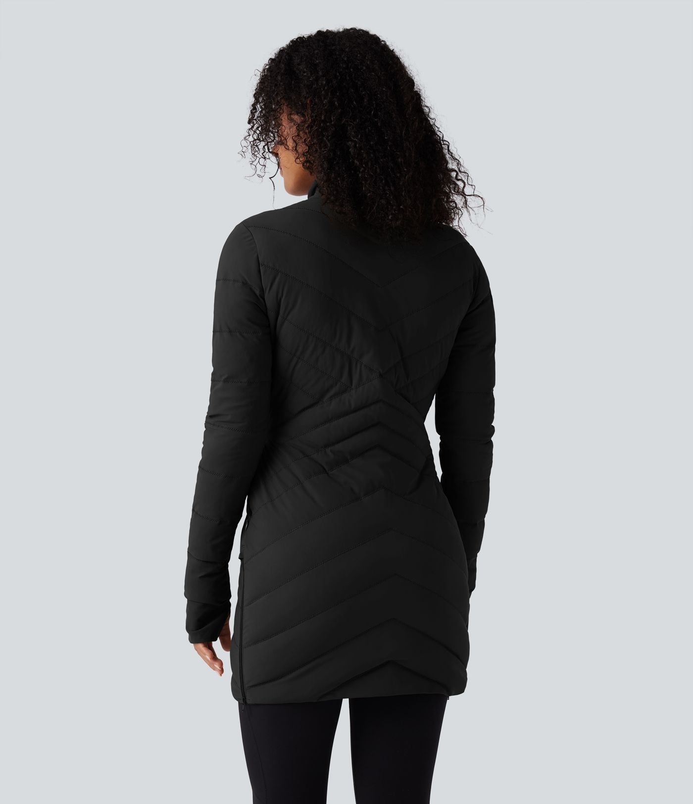 Stand Collar Long Sleeve Thumb Holes Zip Hem Stretchy Slim Casual Quilted Jacket with Pockets