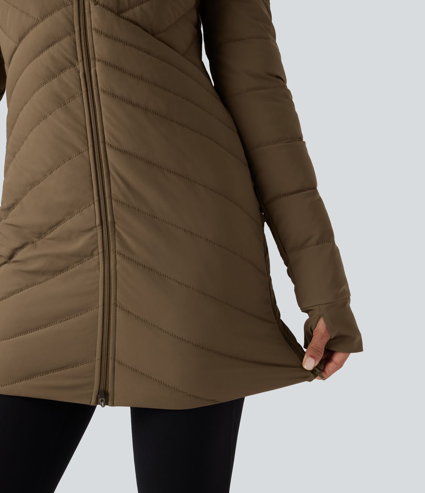 PuffFlex Stand Collar Long Sleeve Thumb Holes Zip Hem Stretchy Slim Casual Quilted Jacket with Pockets