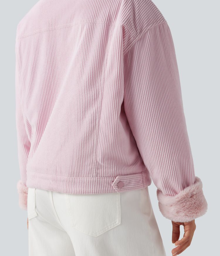 Long Sleeve Corduroy Casual Sherpa Jacket with Pockets