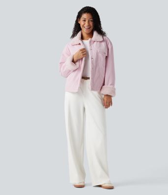 Long Sleeve Corduroy Casual Sherpa Jacket with Pockets