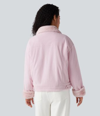 Long Sleeve Corduroy Casual Sherpa Jacket with Pockets