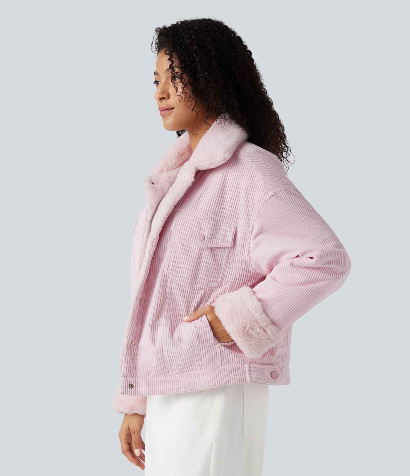 Long Sleeve Corduroy Casual Sherpa Jacket with Pockets