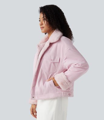 Long Sleeve Corduroy Casual Sherpa Jacket with Pockets