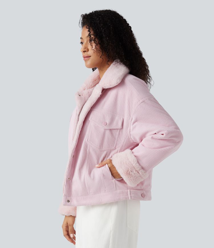 Long Sleeve Corduroy Casual Sherpa Jacket with Pockets