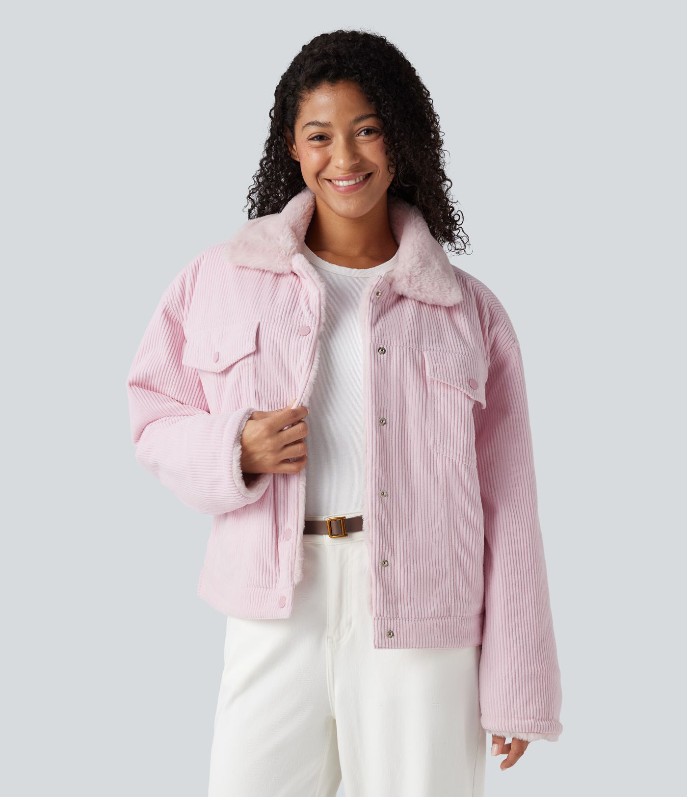 Long Sleeve Corduroy Casual Sherpa Jacket with Pockets