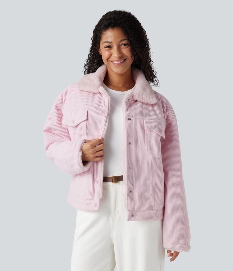 Long Sleeve Corduroy Casual Sherpa Jacket with Pockets