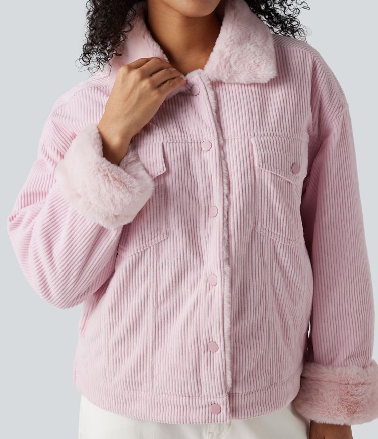 Long Sleeve Corduroy Casual Sherpa Jacket with Pockets