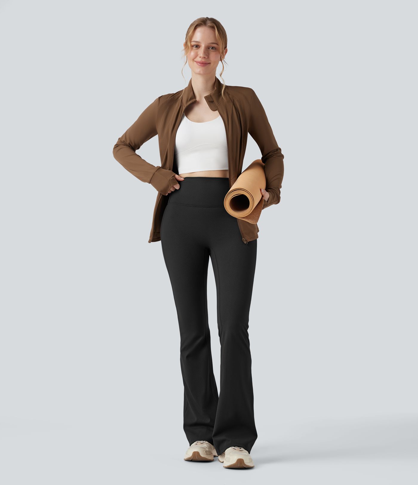 Halara Ultrasculpt™ fiskabeinsmynstraðar jógabuxur með háu mitti, bjöllusniði og vösum