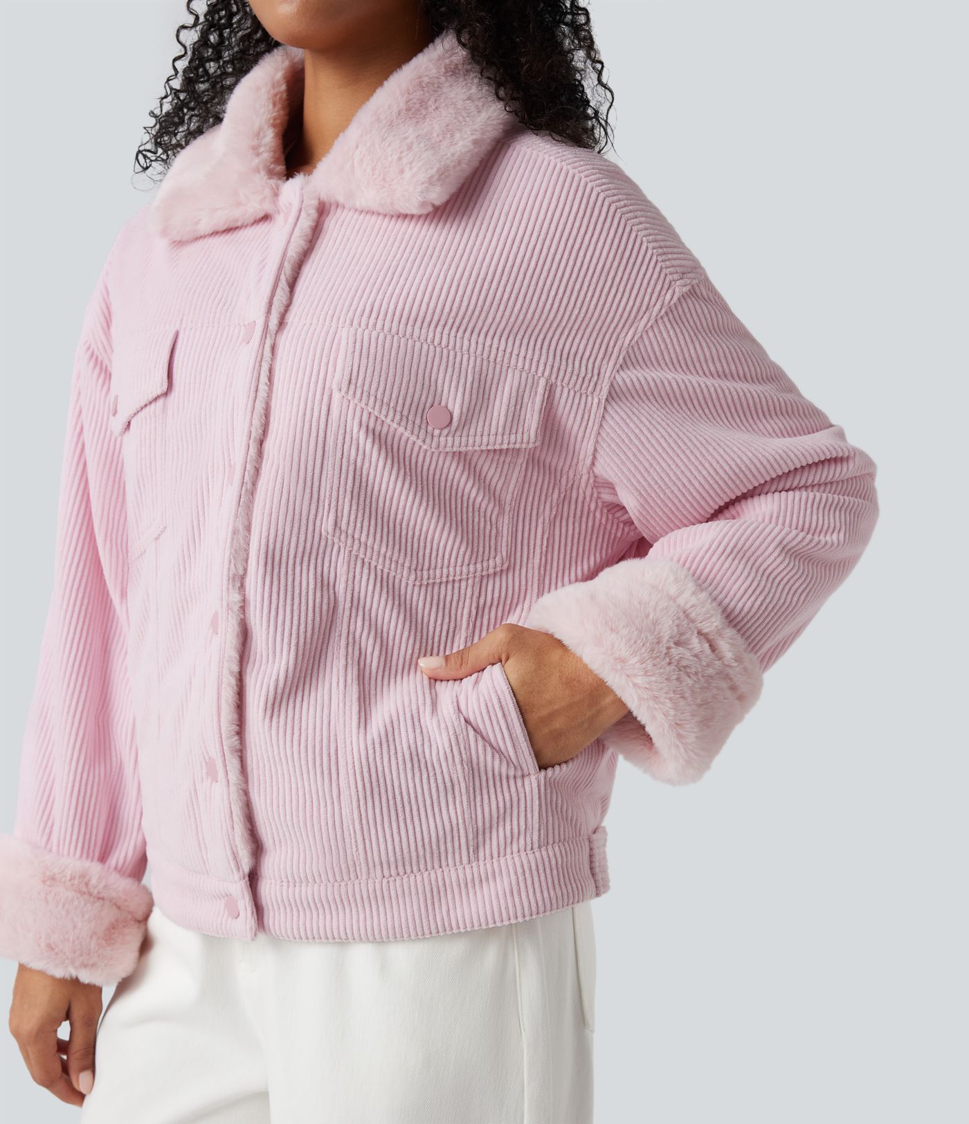 Long Sleeve Corduroy Casual Sherpa Jacket with Pockets