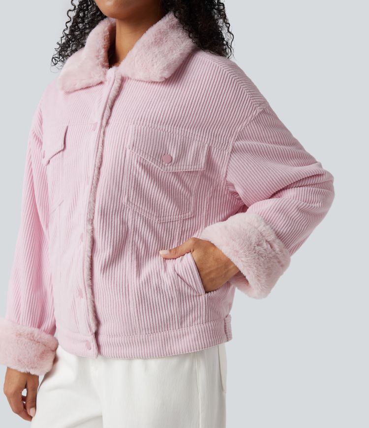 Long Sleeve Corduroy Casual Sherpa Jacket with Pockets