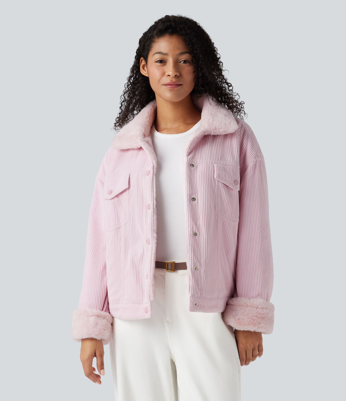 Long Sleeve Corduroy Casual Sherpa Jacket with Pockets