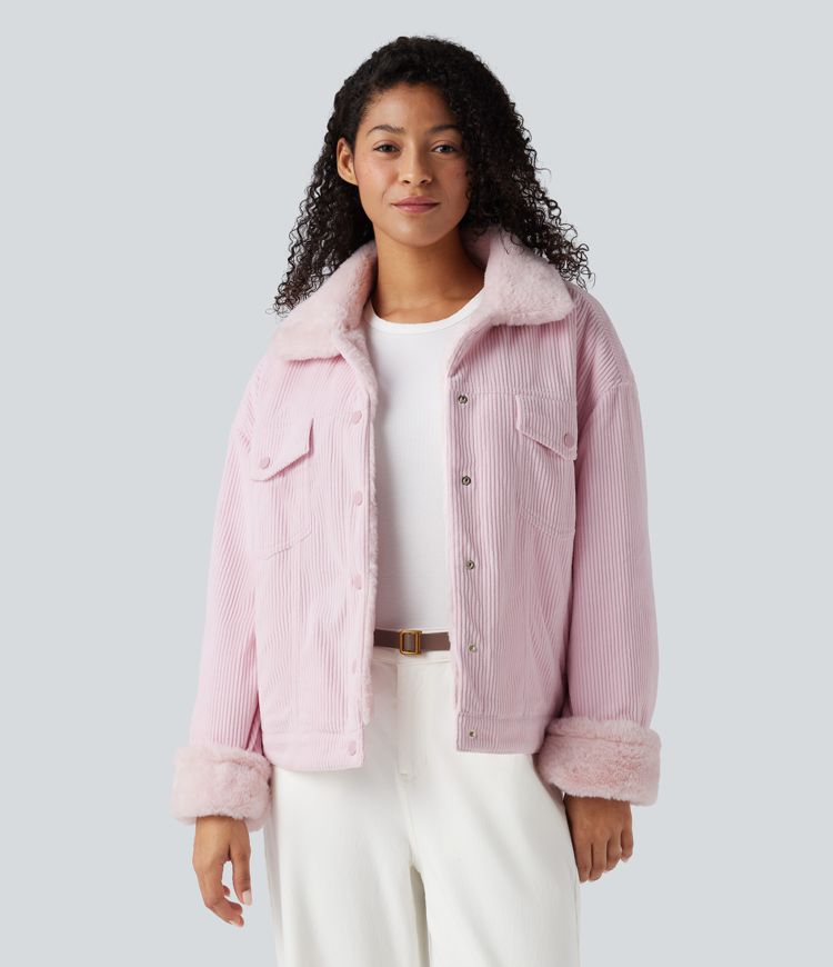 Long Sleeve Corduroy Casual Sherpa Jacket with Pockets