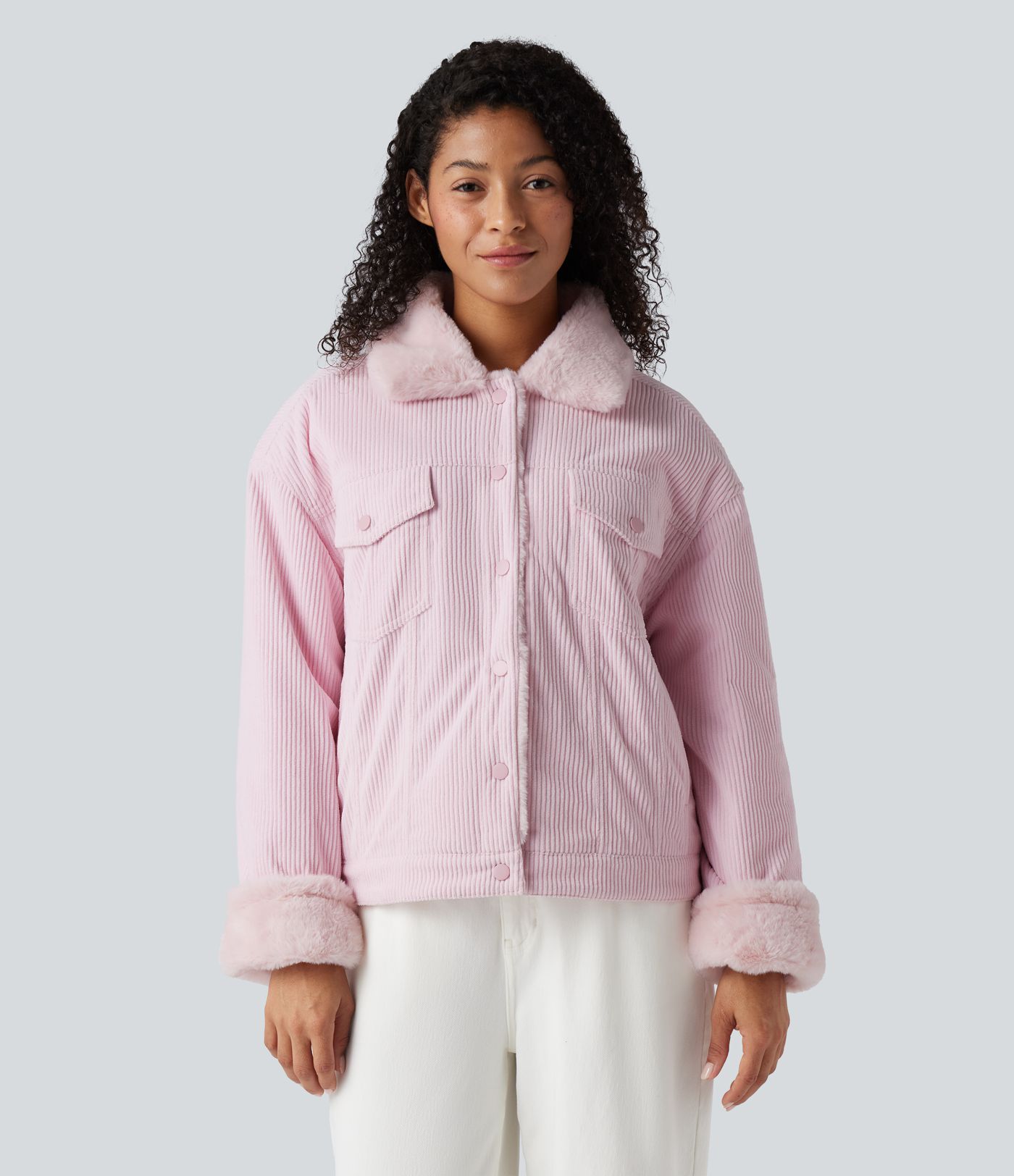 Long Sleeve Corduroy Casual Sherpa Jacket with Pockets