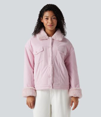 Long Sleeve Corduroy Casual Sherpa Jacket with Pockets