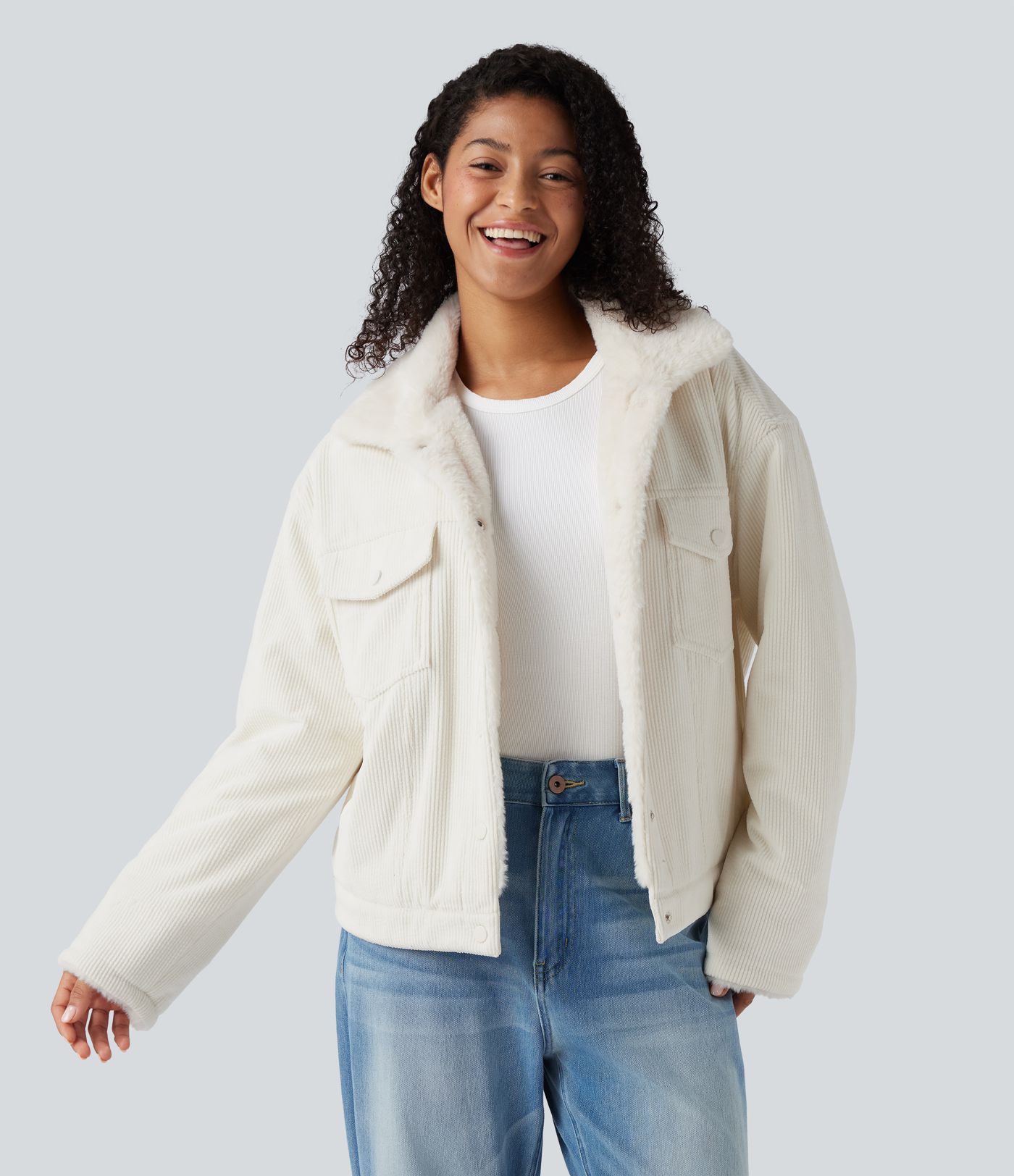 Lässige Sherpa-Jacke aus Cord mit mehreren Taschen und langen Ärmeln
